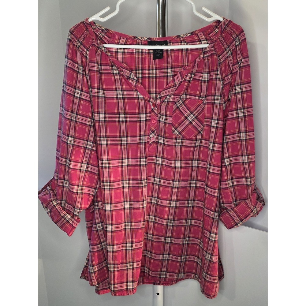 Women's Lane Bryant Pink Plaid Long Sleeve Pullover Blouse Size 18/20 - Picture 1 of 5